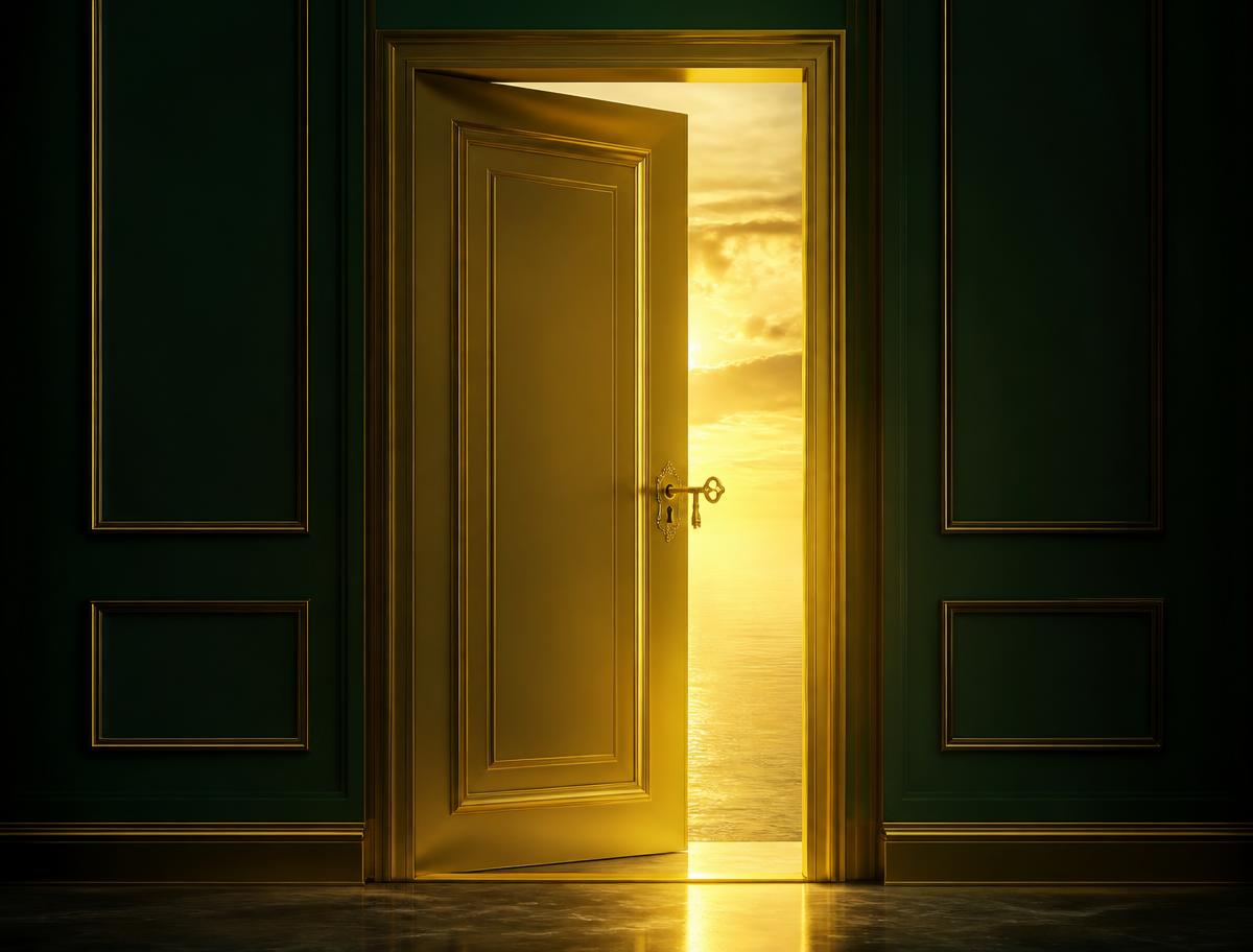 Porta dourada se abrindo para um horizonte iluminado